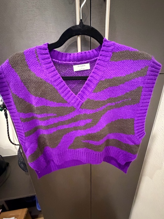 Thinkable Tops - Think! Purple & Brown Zebra Knit V-Neck Sweater Vest